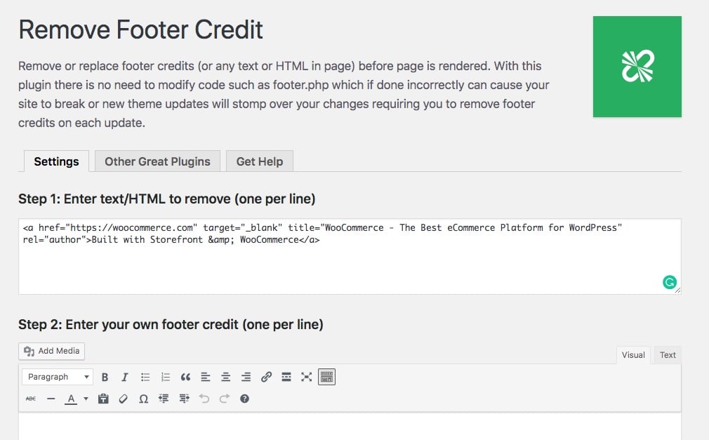 Aggiunta di HTML alle impostazioni di Remove Footer Credit