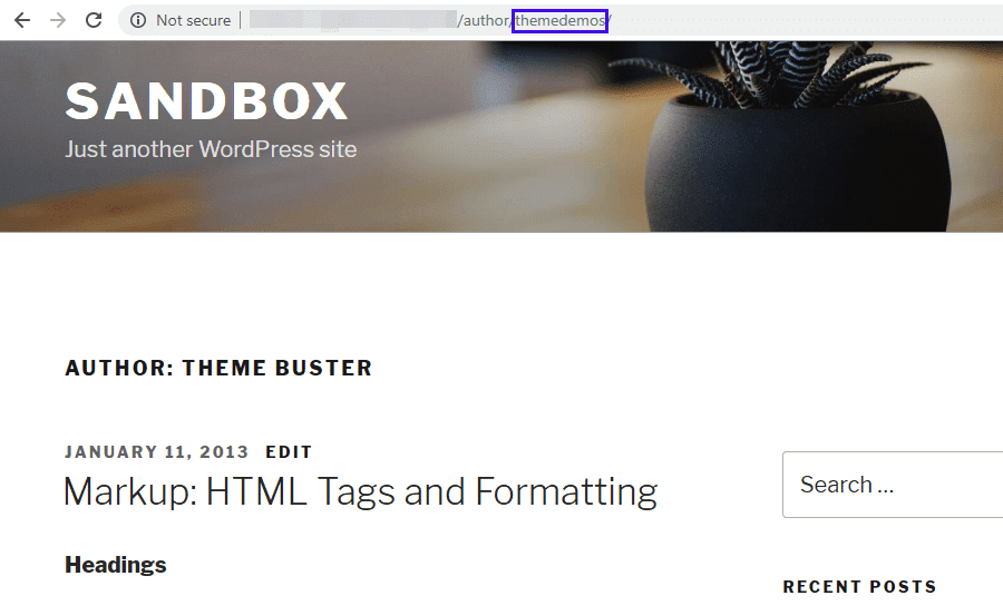 Un articolo in una pagina costruita con WordPress: nella parte finale dell’URL si legge