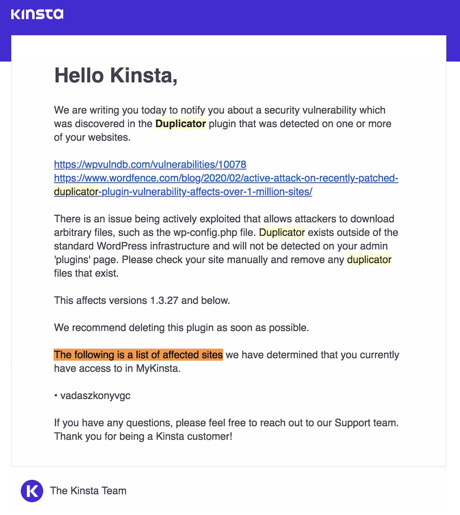 Le email di vulnerabilità ora contengono i nomi dei siti.