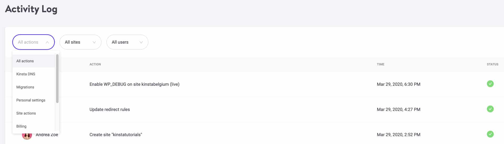 Il filtro per categoria del registro delle attività di MyKinsta
