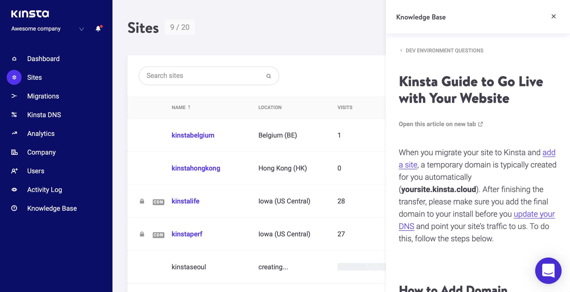 La checklist di Kinsta durante la creazione del sito