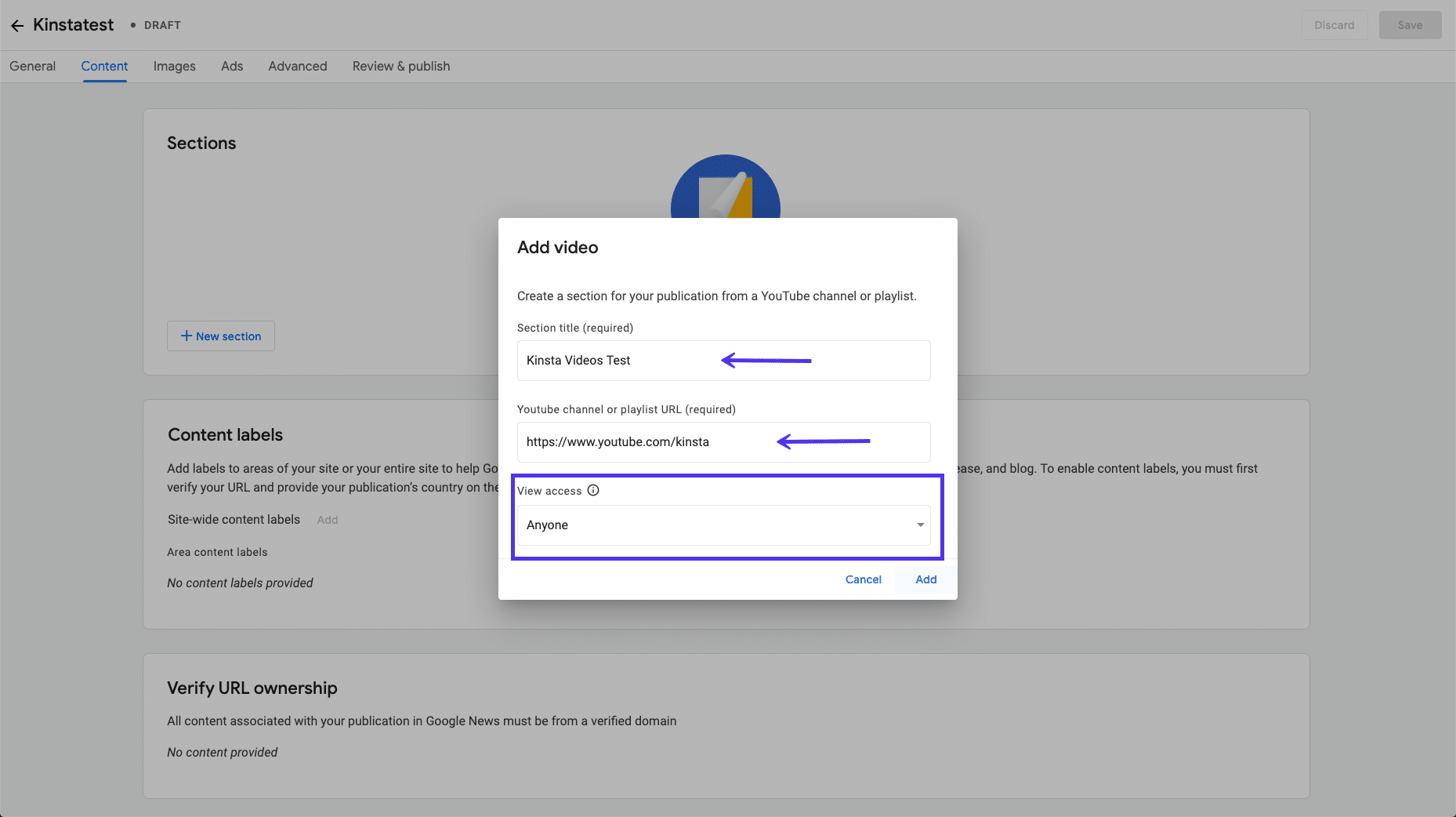 Aggiunta di un canale YouTube su Publisher Center