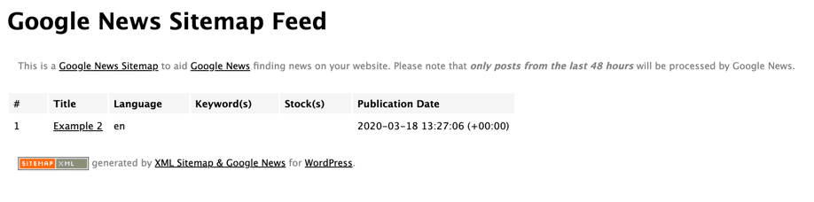 Esempio di feed Google News Sitemap