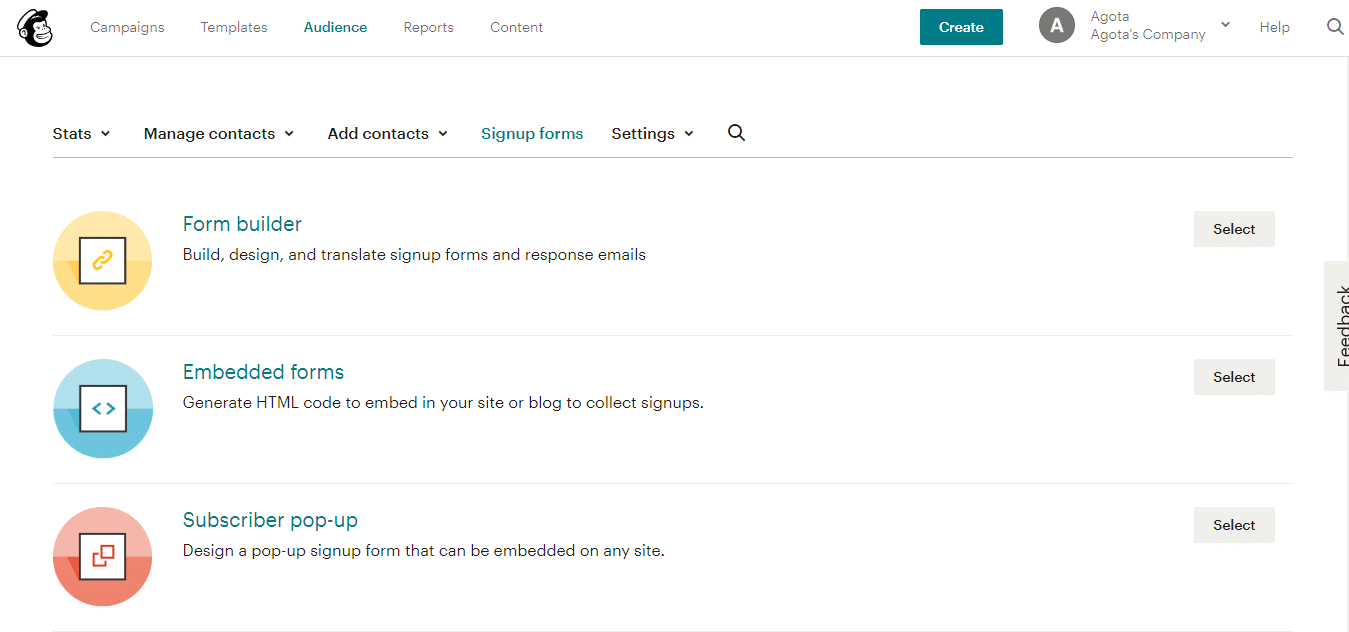 Mailchimpのフォームビルダー 