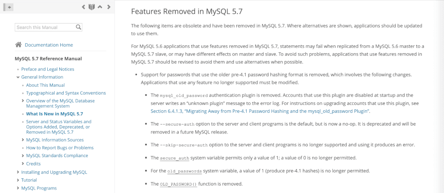 MySQL 1064エラー:廃止されたコマンドを手動で削除する