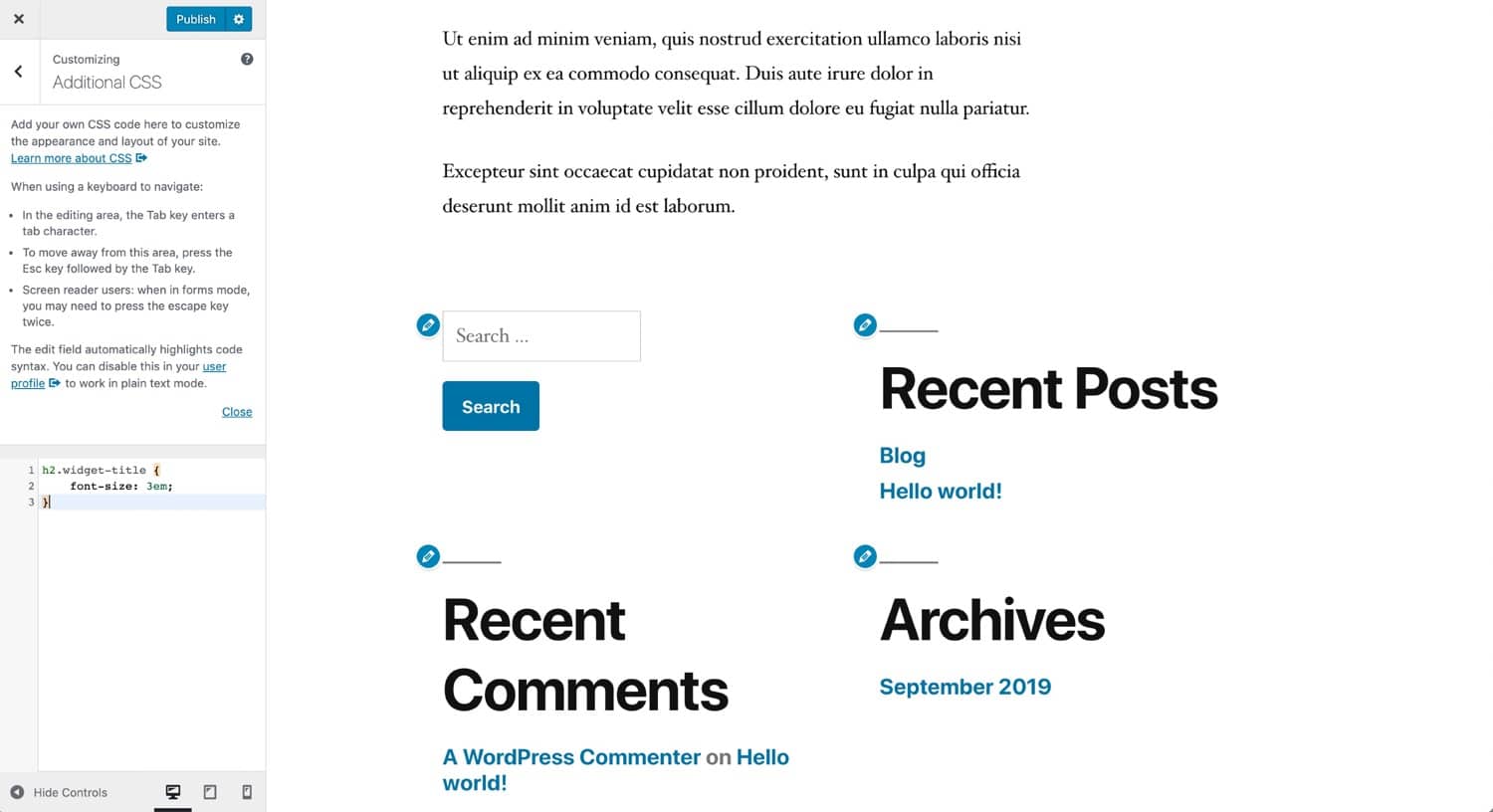 追加CSSでフォントサイズを編集する