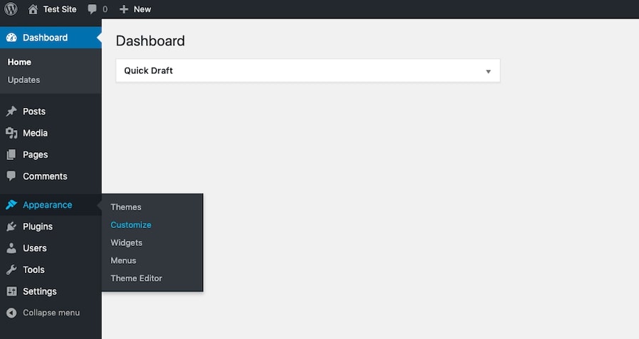 WordPress管理画面の「カスタマイズ」画面を開く