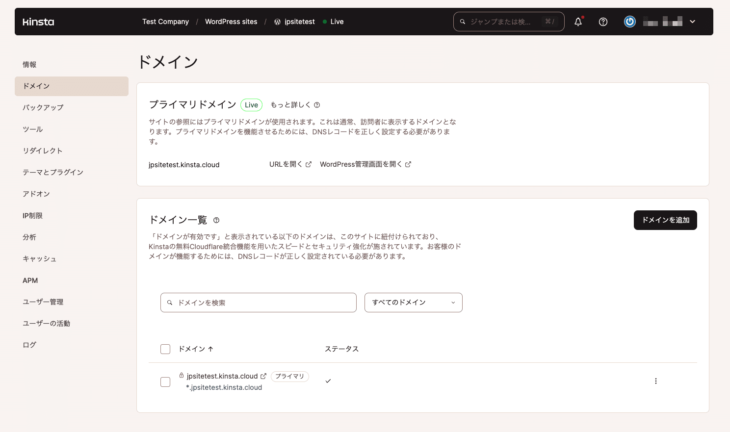 MyKinstaのドメイン画面