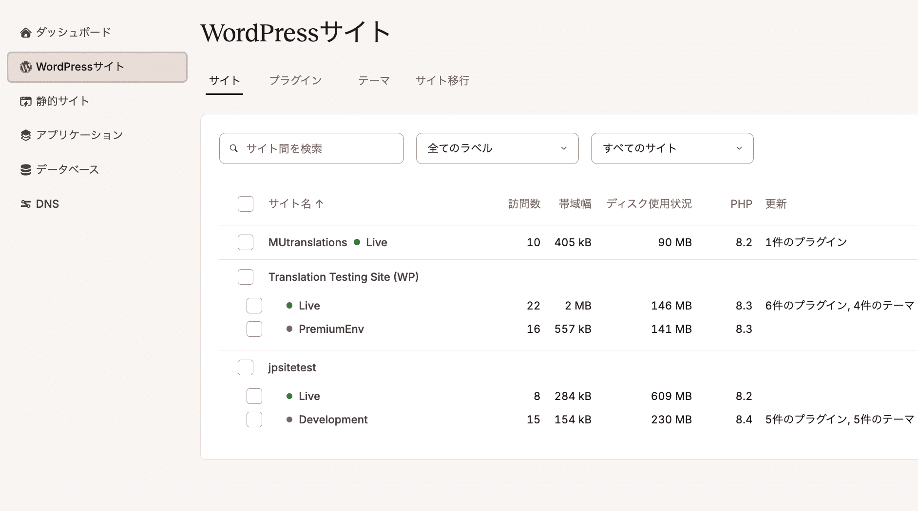 サイトの情報を表示（MyKinsta）