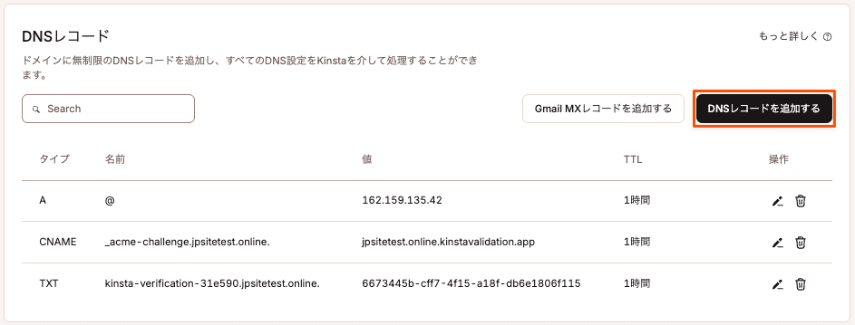 MyKinstaの「DNSレコード」セクション