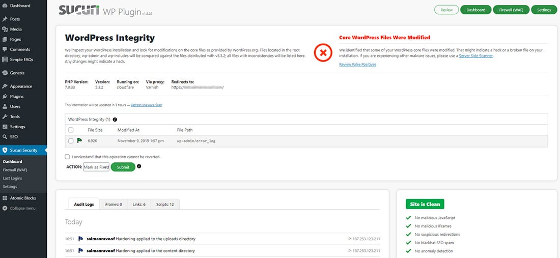 Het dashboard van Sucuri Security. Let op de waarschuwing rechtsboven