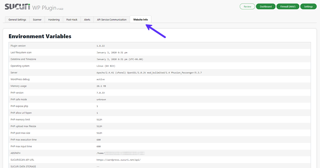 Het tabblad Website Info toont de specificaties van jouw site en server