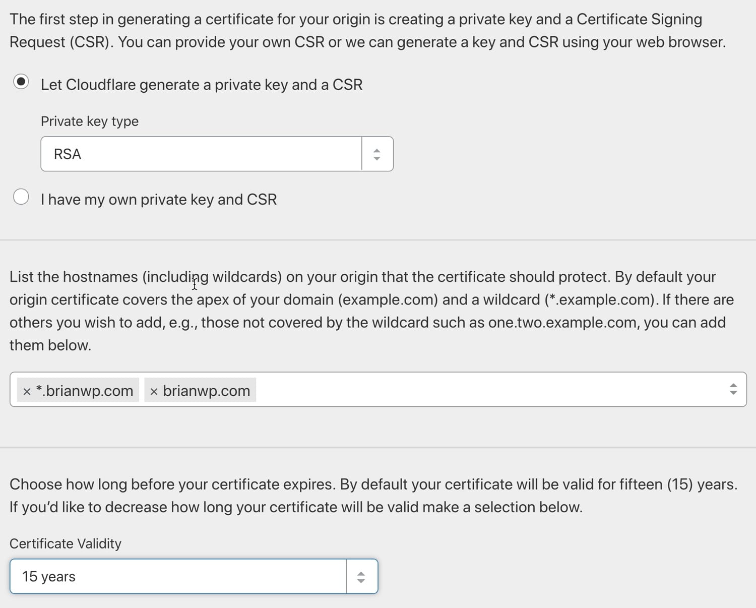 Genereer een Cloudflare origin certificaat.