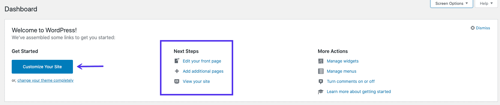 Het welkomsttabblad in WordPress