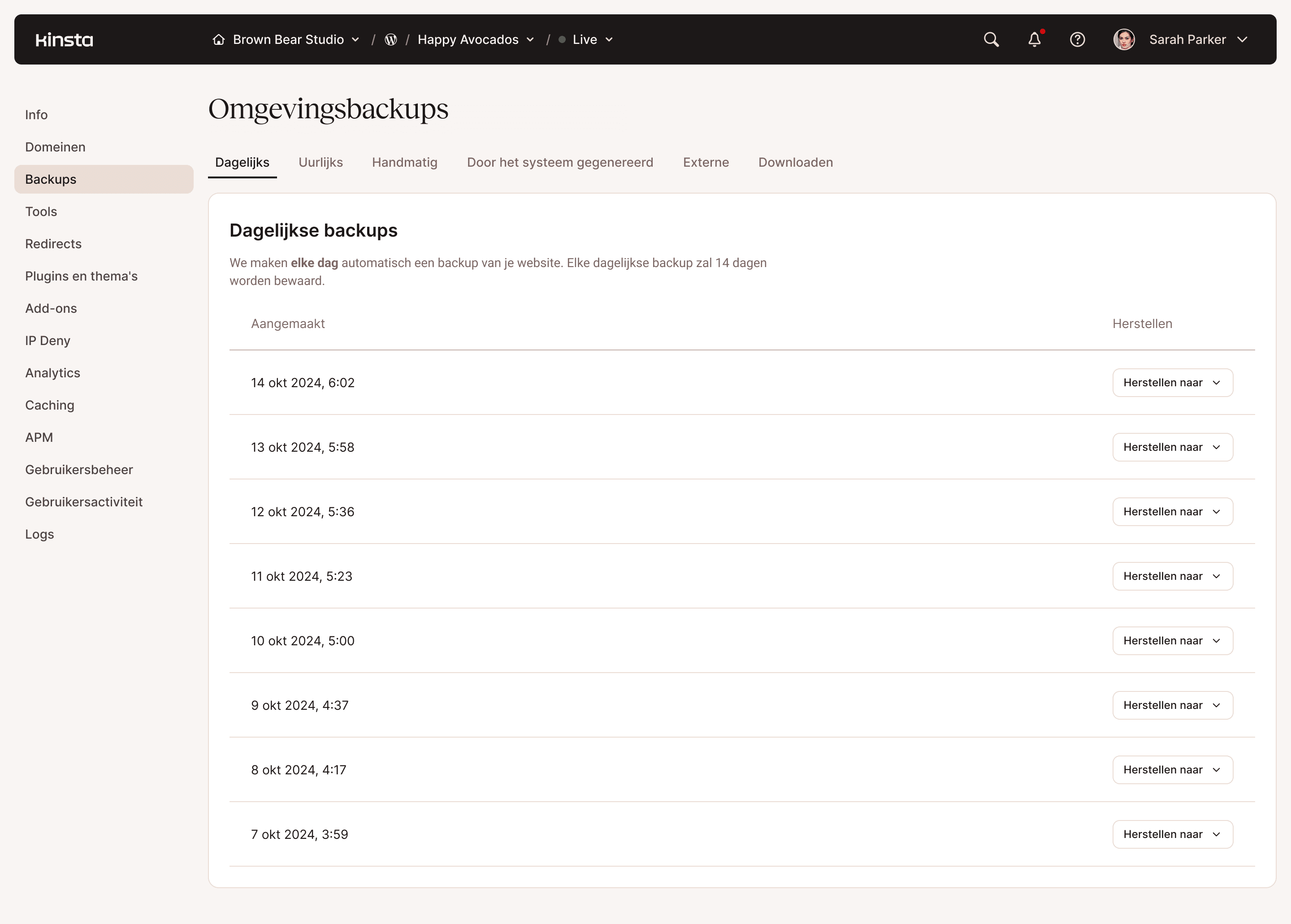 Configuratiepaneel voor back-ups van webhostingomgevingen