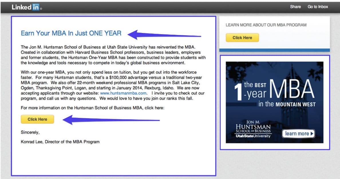 LinkedIn InMail campaign example Exemplo de campanha do LinkedIn InMail