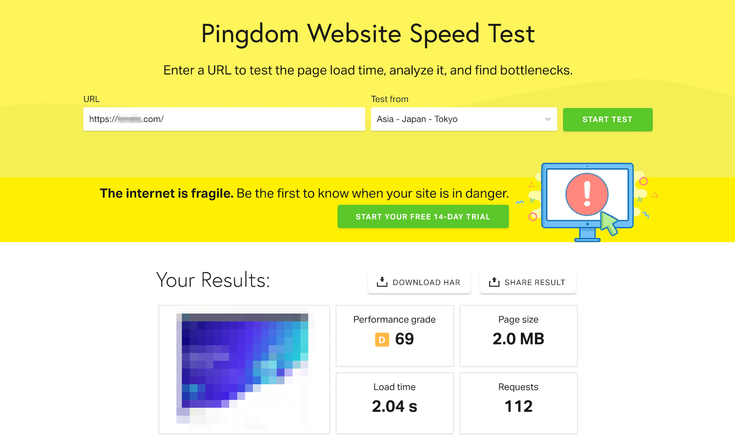 Resultados dos testes de velocidade da Pingdom Tools.