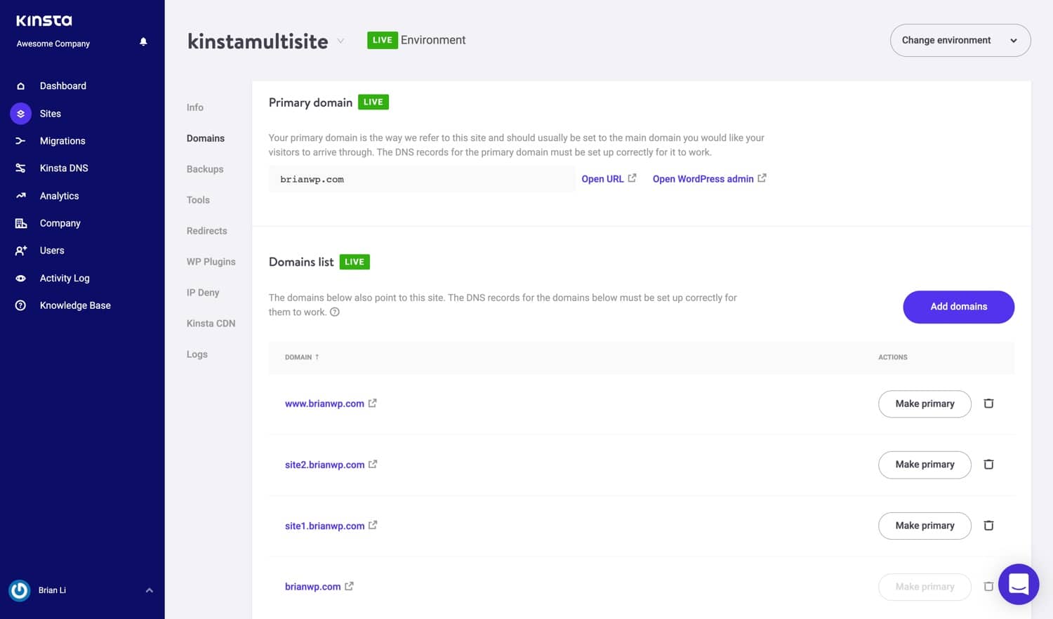Domínios multisite em MyKinsta.