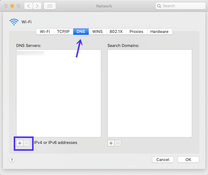 O painel DNS da Rede em macOS