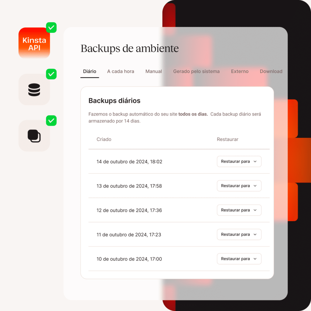 Interface do painel mostrando backups diários do site com datas listadas e opções de restauração, destacando o recurso de backup automatizado.
