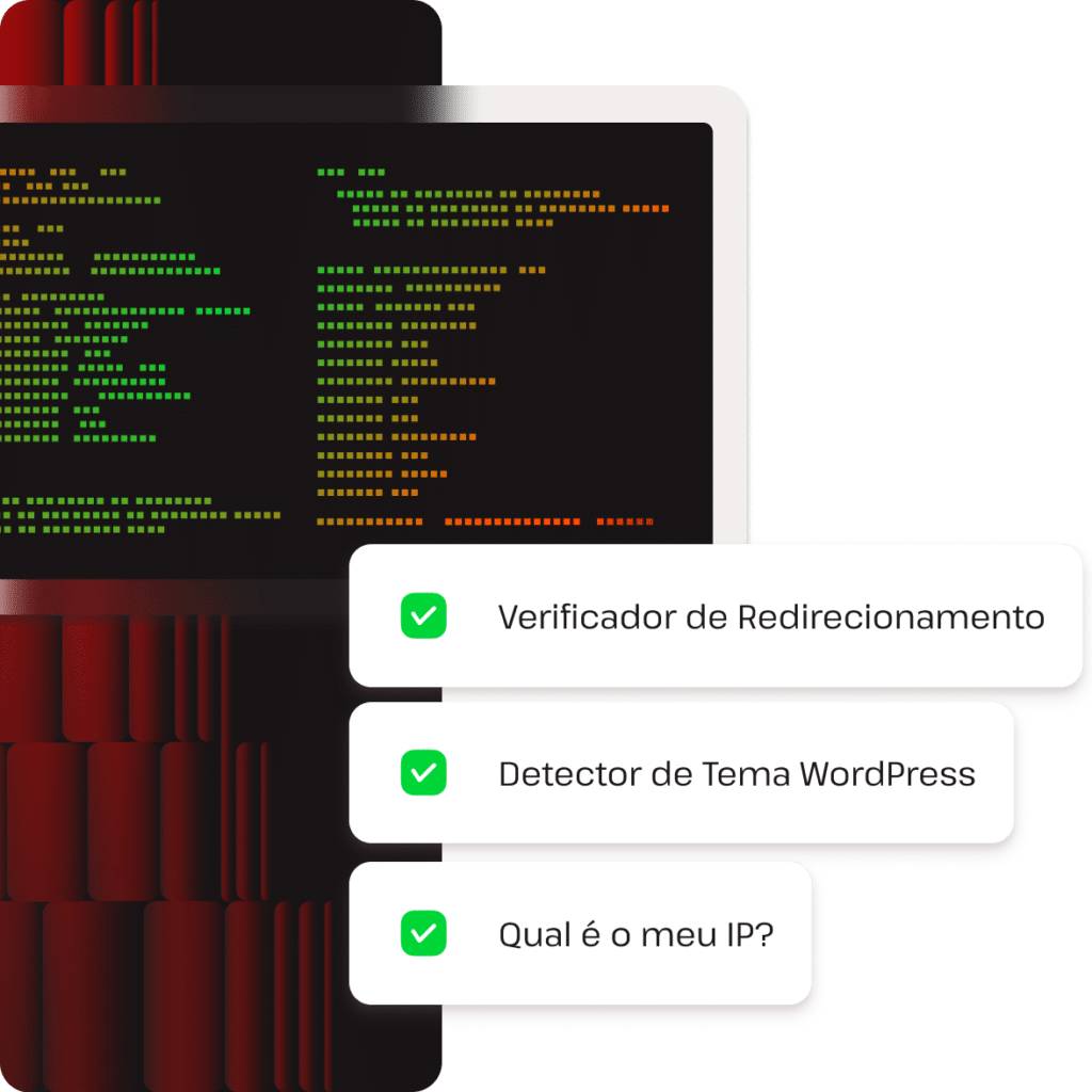 Exemplos de ferramentas para desenvolvedores do WordPress, como: Verificador de redirecionamento, Detector de tema do WordPress e Qual é o meu IP