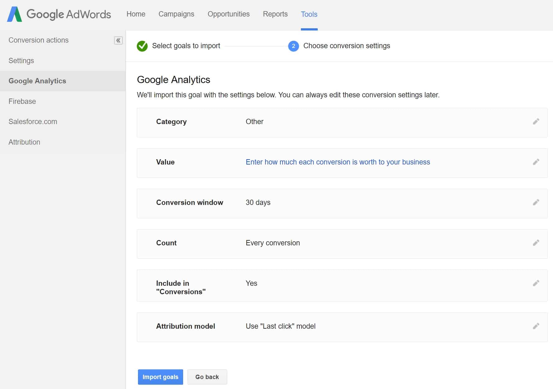 AdWords conversion settings AdWords konverteringsinställningar
