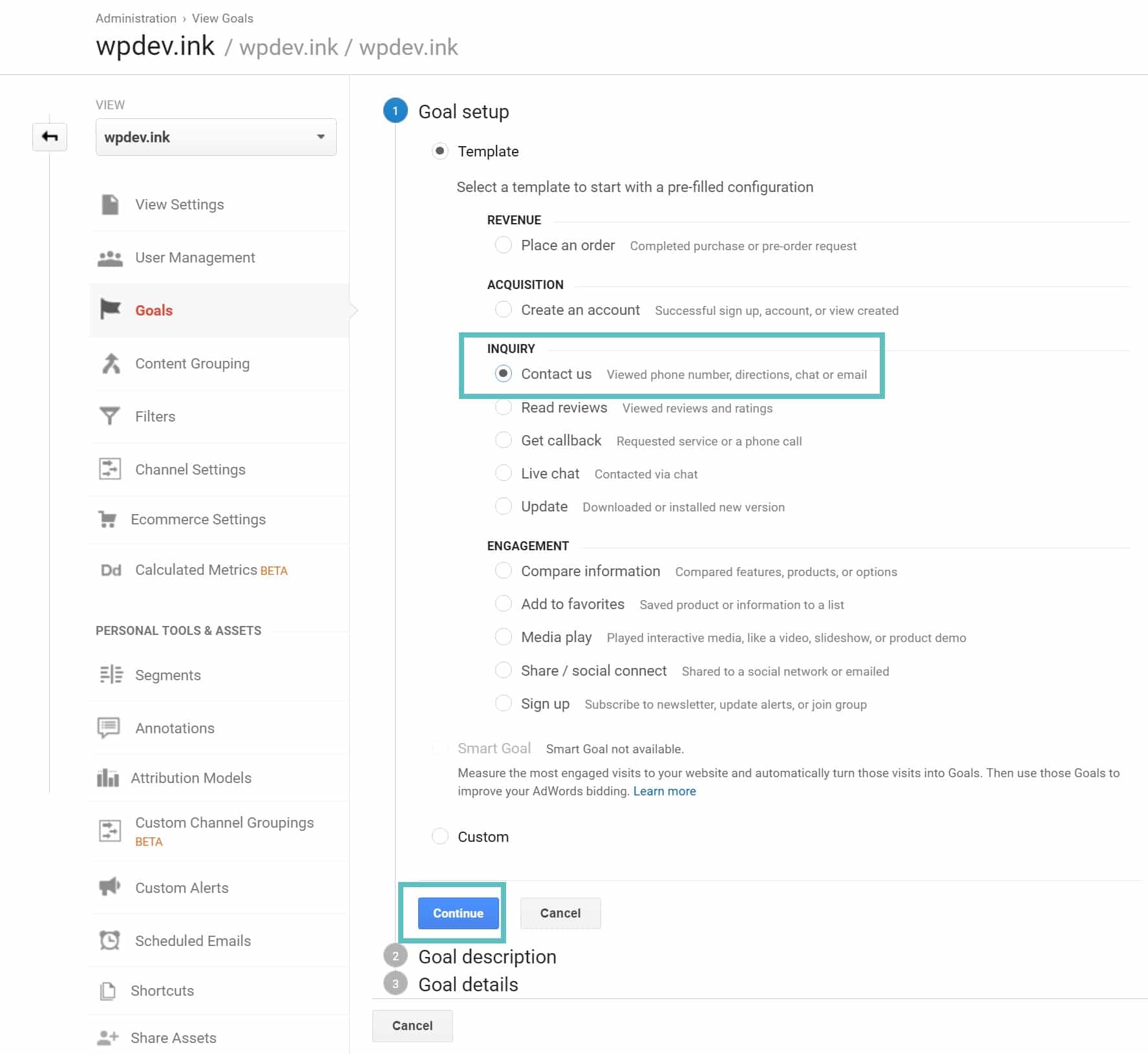 Create contact us goal Skapa kontakta oss-mål