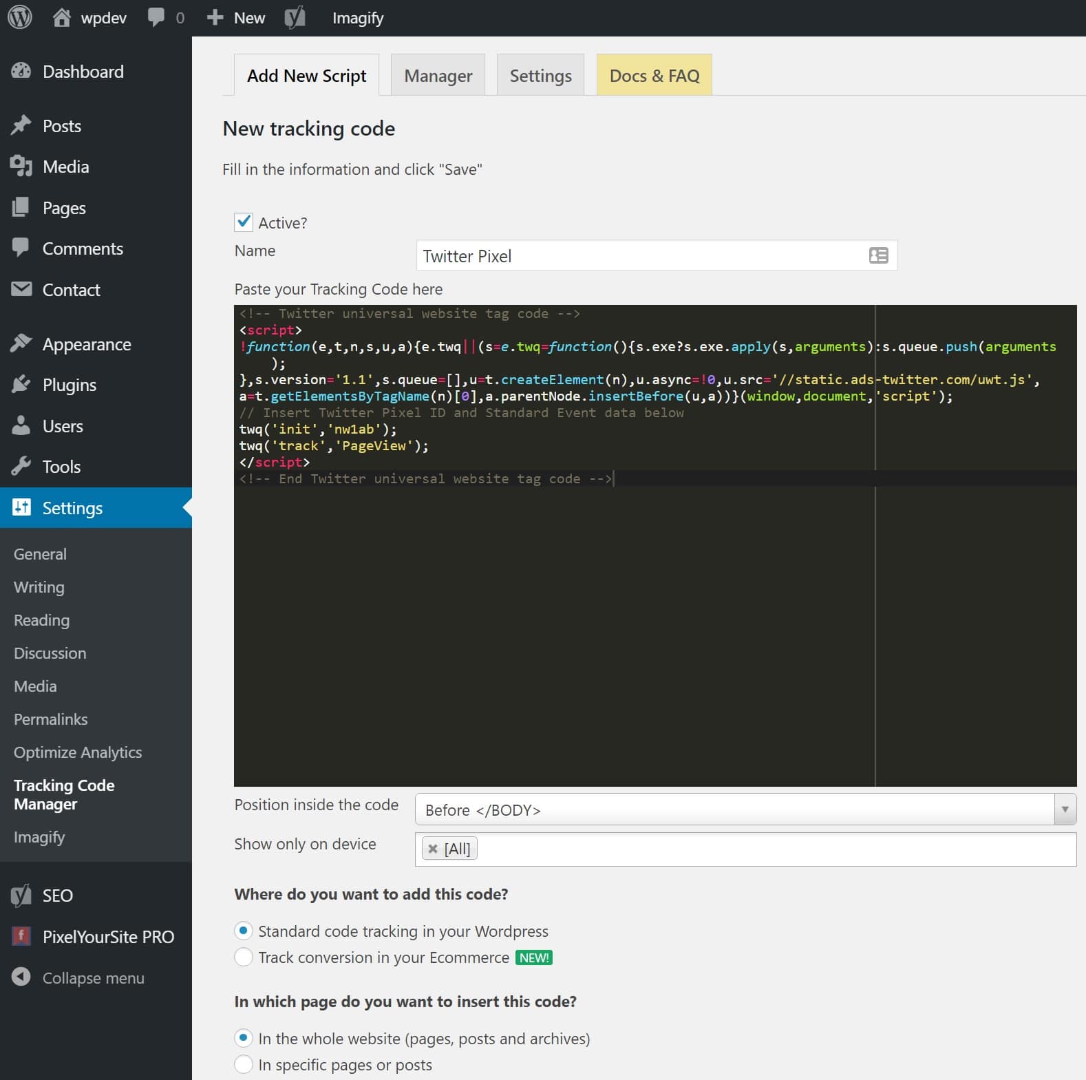 Twitter pixel settings Twitter-pixel-inställningar