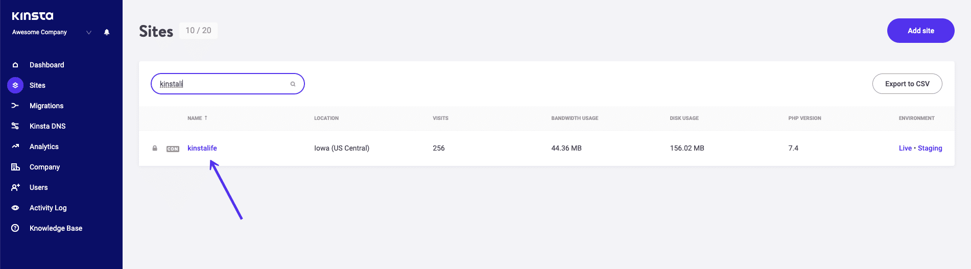 Hitta din webbplats i MyKinsta