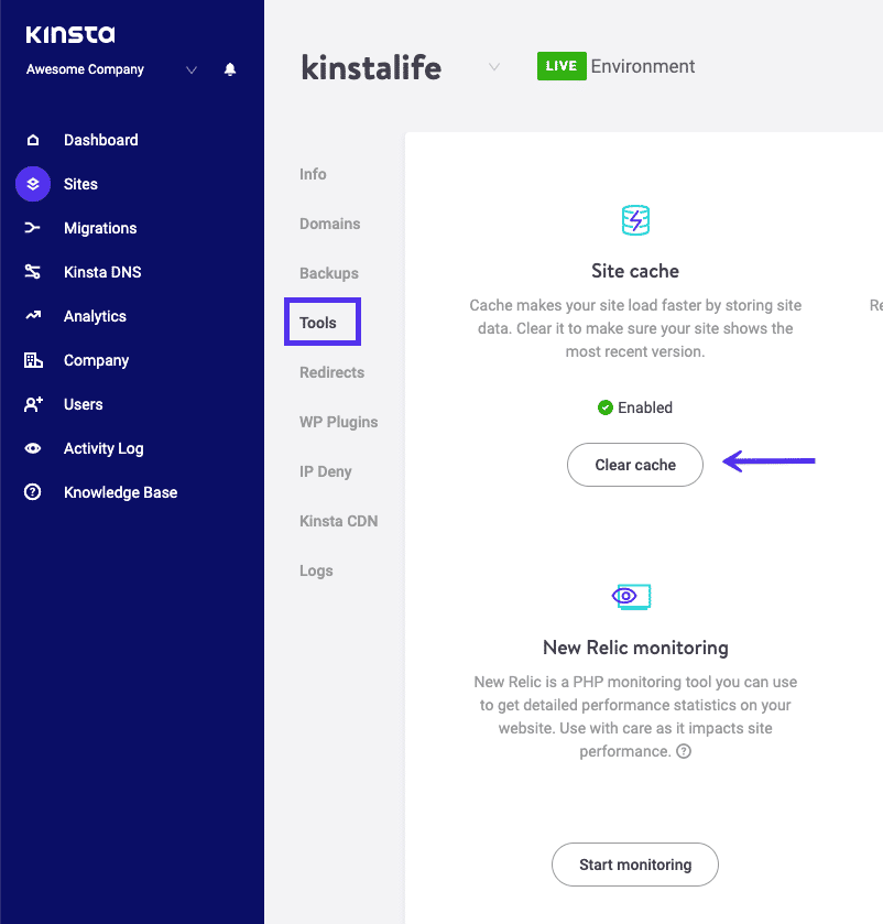 Rensa cache i MyKinsta