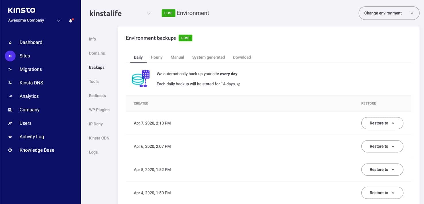 Säkerhetskopior i MyKinsta.