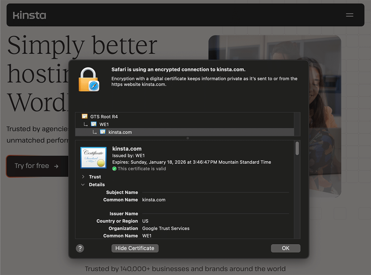 Visualización de los detalles del certificado SSL en Safari.