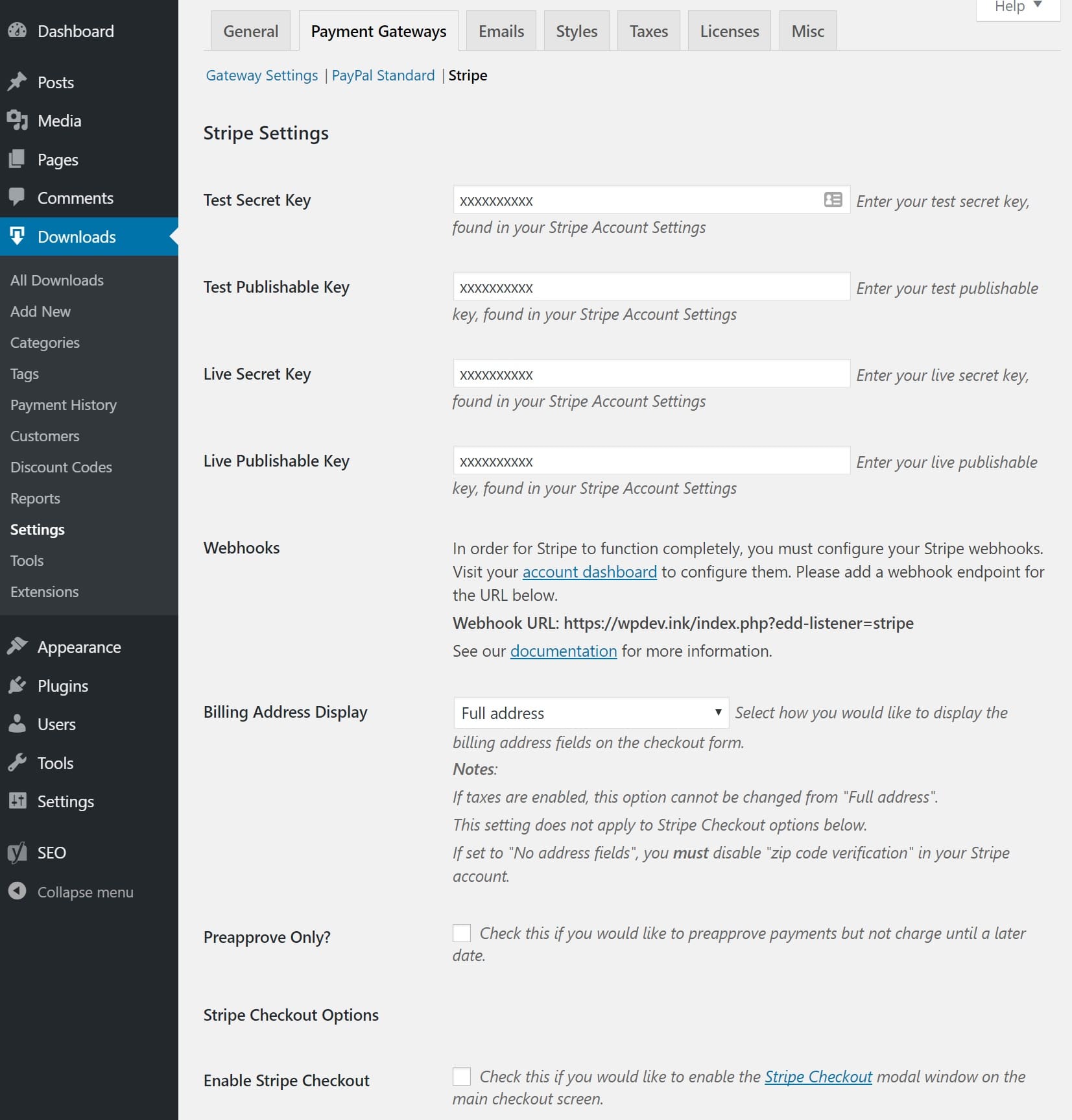 Stripe settings in EDD stripe settings edd