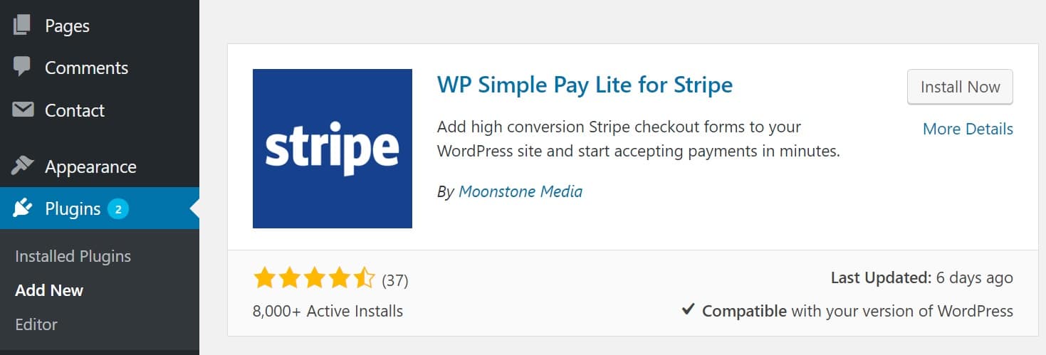 Install WP Simple Pay Lite plugin wp simple pay lite for stripe install