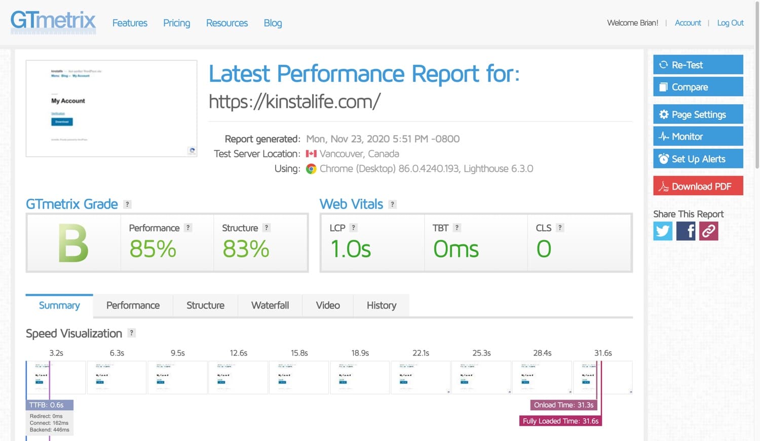 Prueba de velocidad de GTmetrix para kinstalife.com.