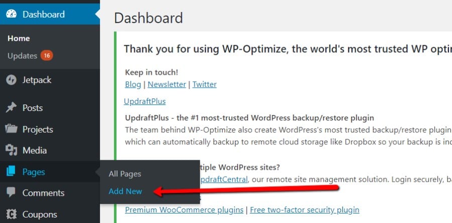 Pages option from WordPress Dashboard with Add New selected