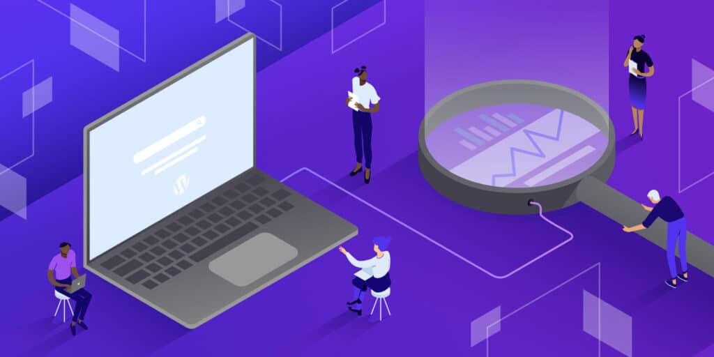 Illustration for the best SEO plugins for WordPress showing people gather around a huge laptop and charts.
