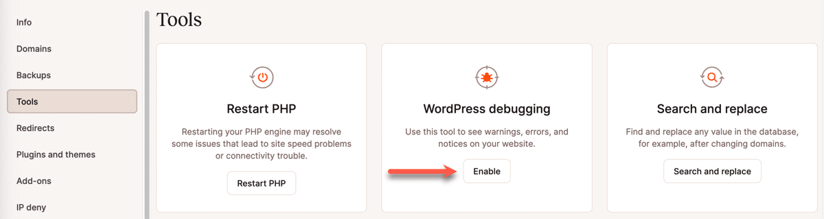 WordPress debugging inschakelen in MyKinsta.
