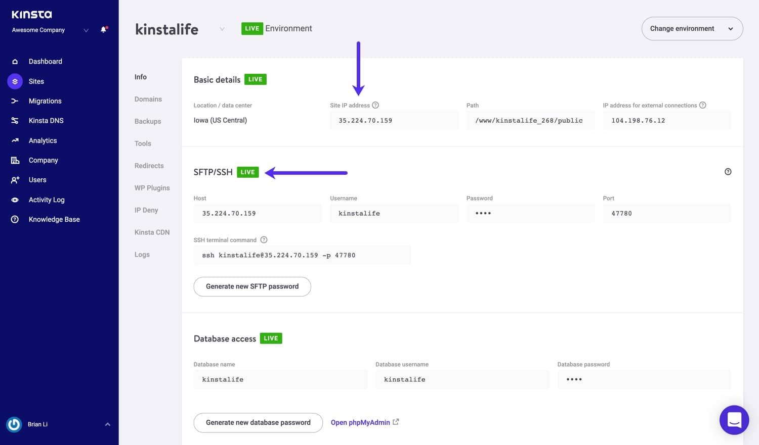 SFTP-detaljer i MyKinsta.