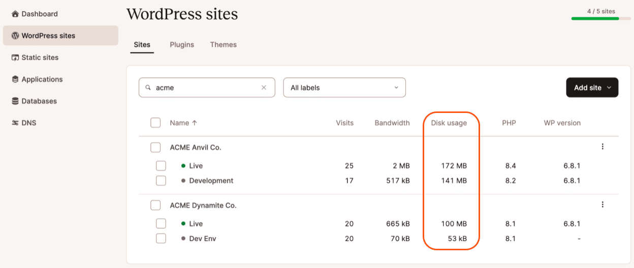 Trouvez votre utilisation du disque dans MyKinsta.