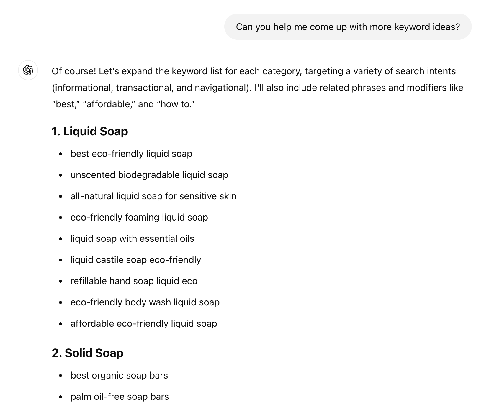 Usando o ChatGPT para pesquisa de palavras-chave.