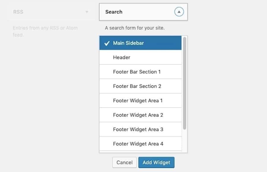 Toevoegen van een Search-widget via het dropdown menu.