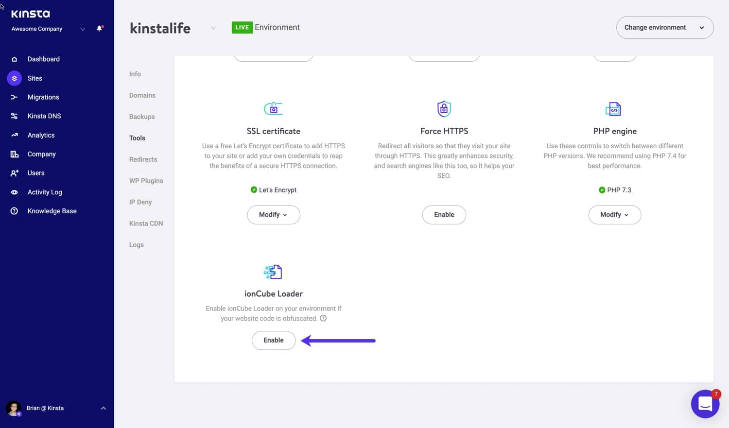 Abilitare ionCube loader su MyKinsta.