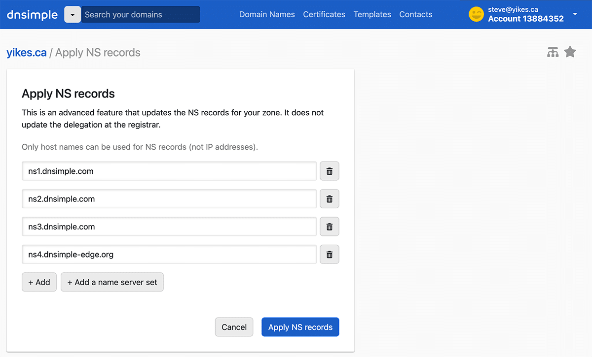 A screenshot of the DNSimple nameserver dialog.