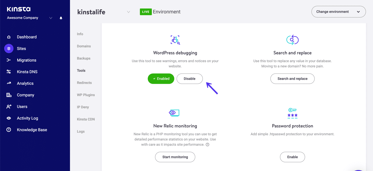 How to disable WordPress debug mode in MyKinsta