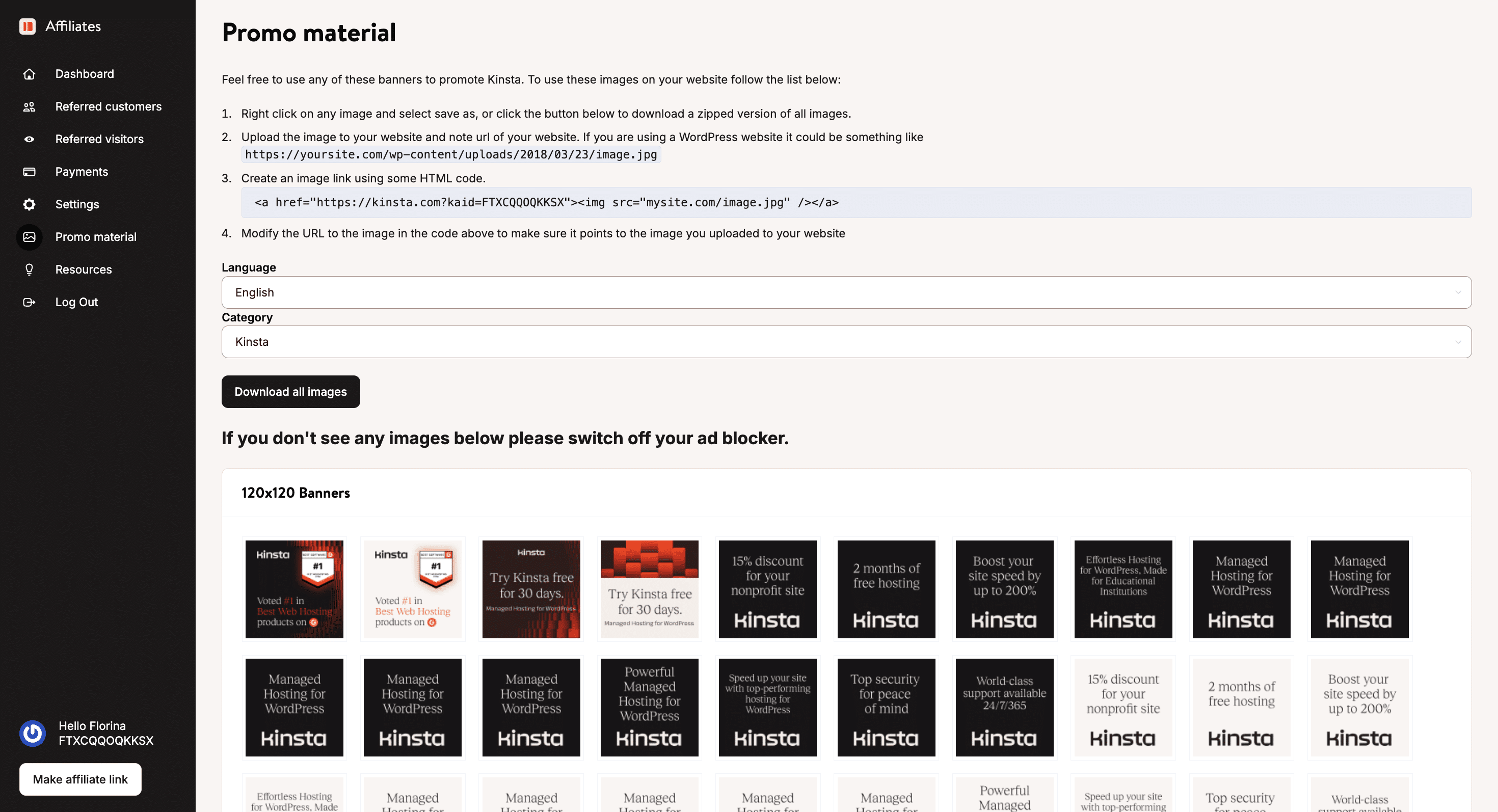 Affiliate dashboard