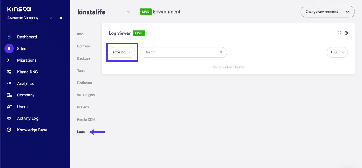 Viewing server logs in MyKinsta dashboard