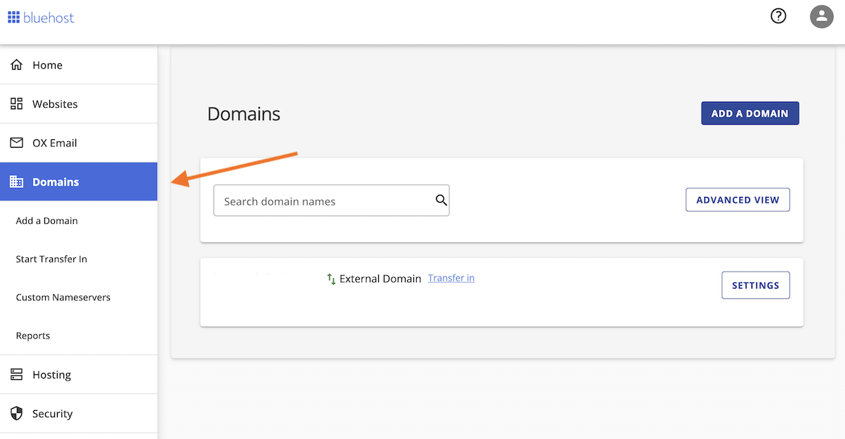 Tableau de bord de gestion de domaine chez Bluehost.