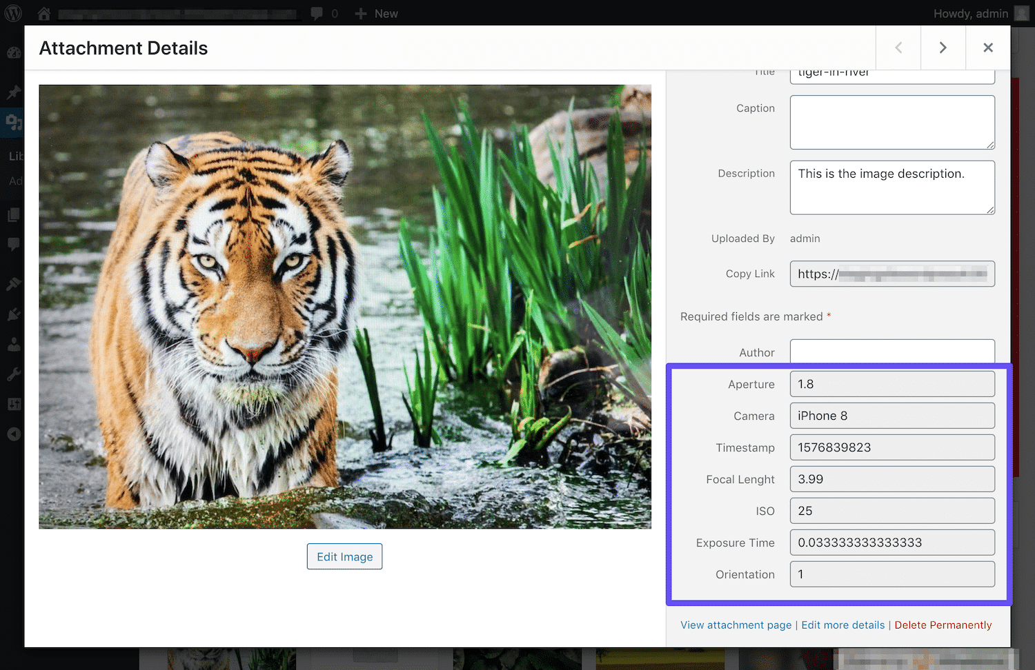 添付ファイル詳細のEXIFおよびIPTCメタデータフィールド