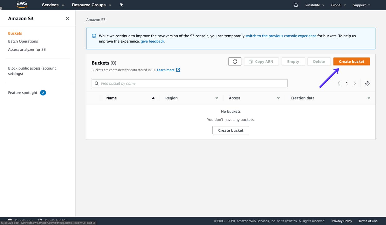 Click the Create bucket button in Amazon S3 Click the Create bucket button in Amazon S3.